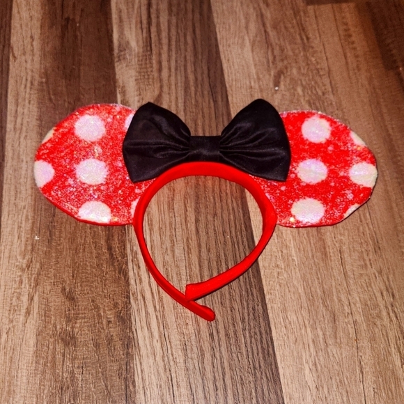 DISNEY Minnie Mouse Red and Black Polka Dot Sparkle Mouse Ears - Picture 1 of 5
